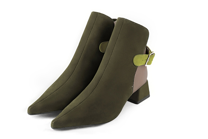 Khaki green and bronze beige women's ankle boots with buckles at the back. Pointed toe. Low flare heels. Front view - Florence KOOIJMAN